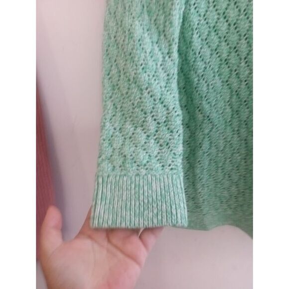 Talbots Green & White Open Crochett Knit Cotton Pullover Sweater size 0X Petite - Picture 3 of 10